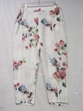 Bella Amore White Pink Cottage Floral Linen Relaxed Pull On Pants Small